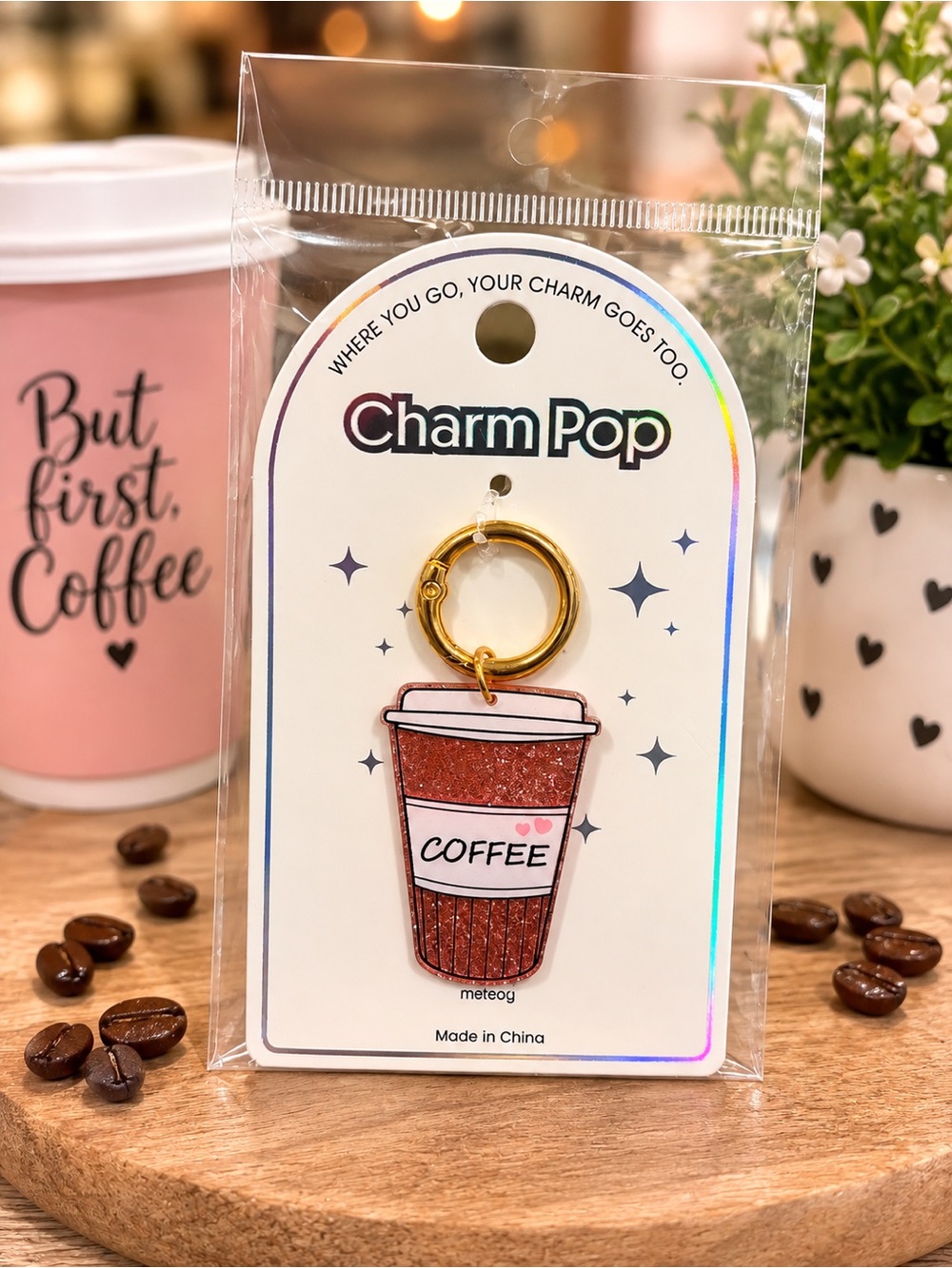 Charm Pop Glitter Pink Coffee Cup Keychain Bag Charm NWT